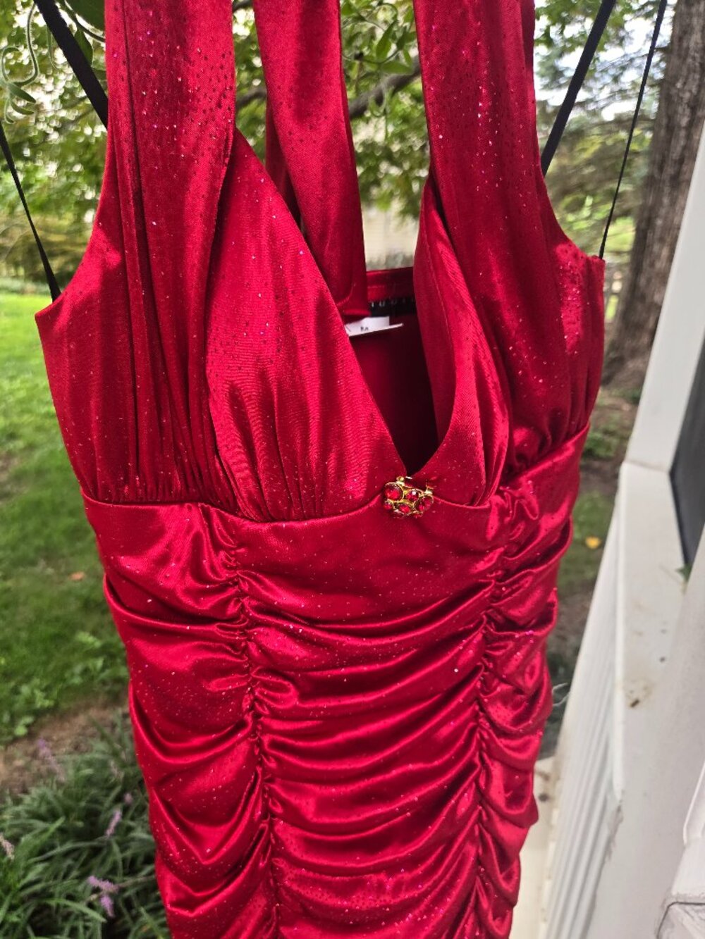Nordstrom Red Satin Ruched Halter Mini Dress Glitter Sparkle Bodycon Medium NWOT